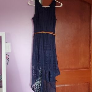 Navy lace high low dress with belt